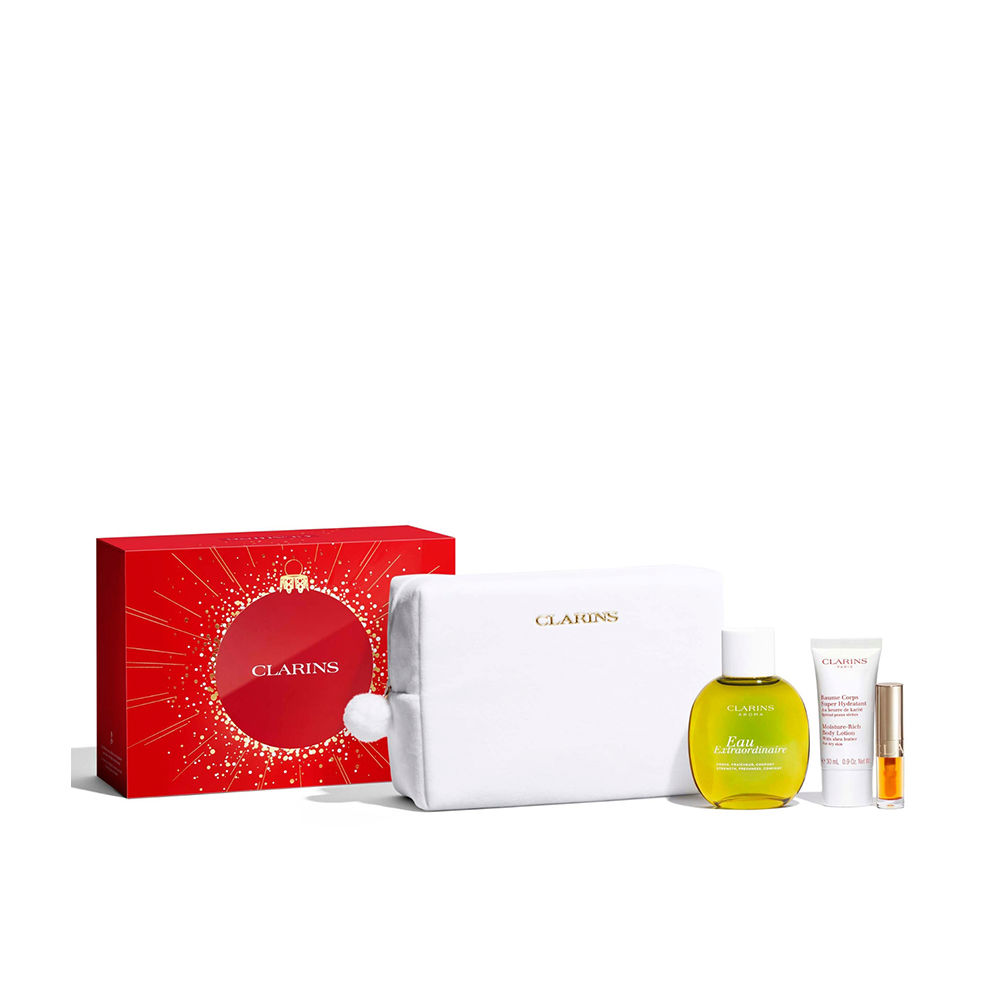 Clarins Coffret Eau Extraordinaire : eau de soin vapo 100 ML + baume corporel 30 ML + huile à lèvres 1,4 ML + trousse de toilette
